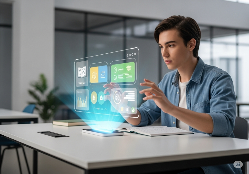 Alumno aprendiendo mediante hologramas en un curso de IA